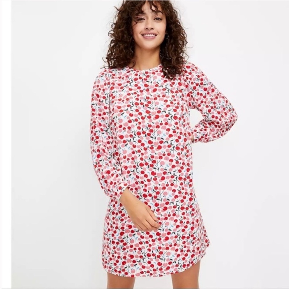 LOFT Red Cherry Print Long Sleeve Mini Shift Dress Size S